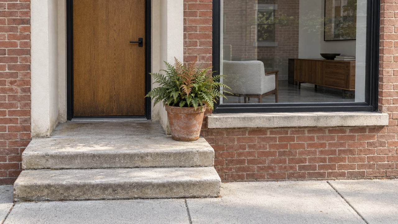 Brick home entrance with an oak door, black-framed window, worn limestone steps, and a single potted fern.