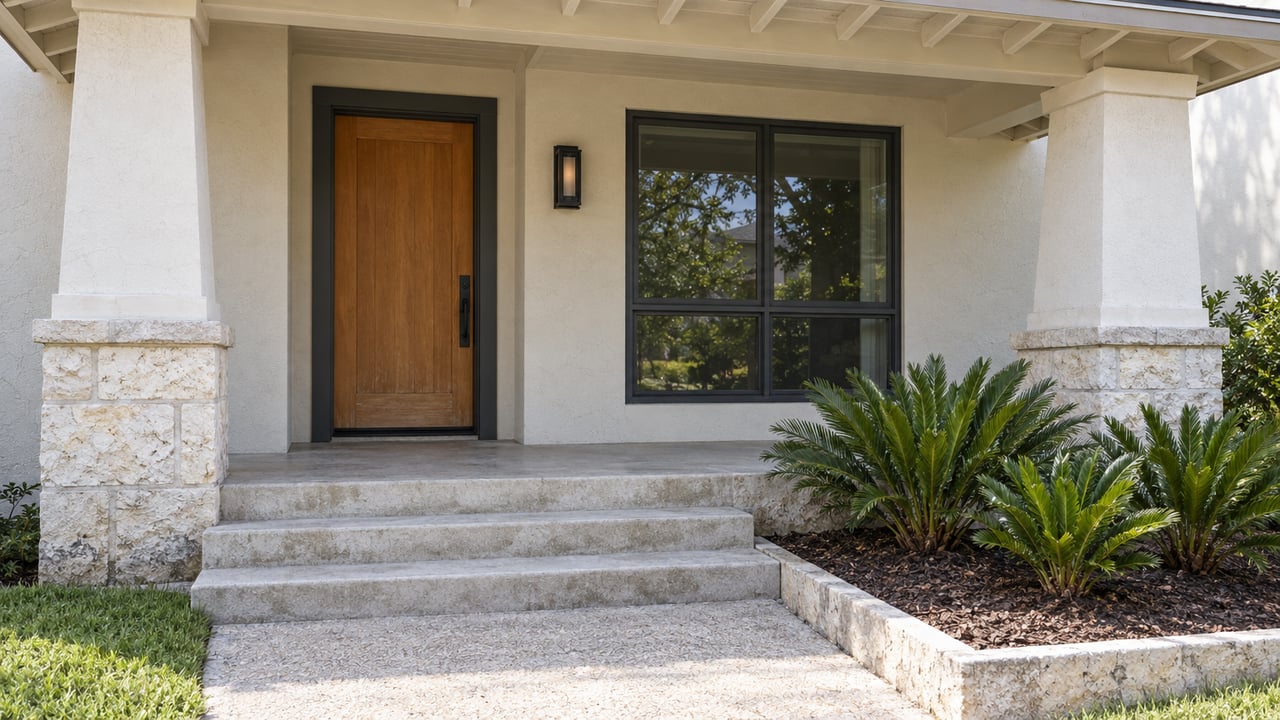 A sunlit stucco home's covered entry with a wood door, limestone pier bases, concrete steps and three coontie plants.