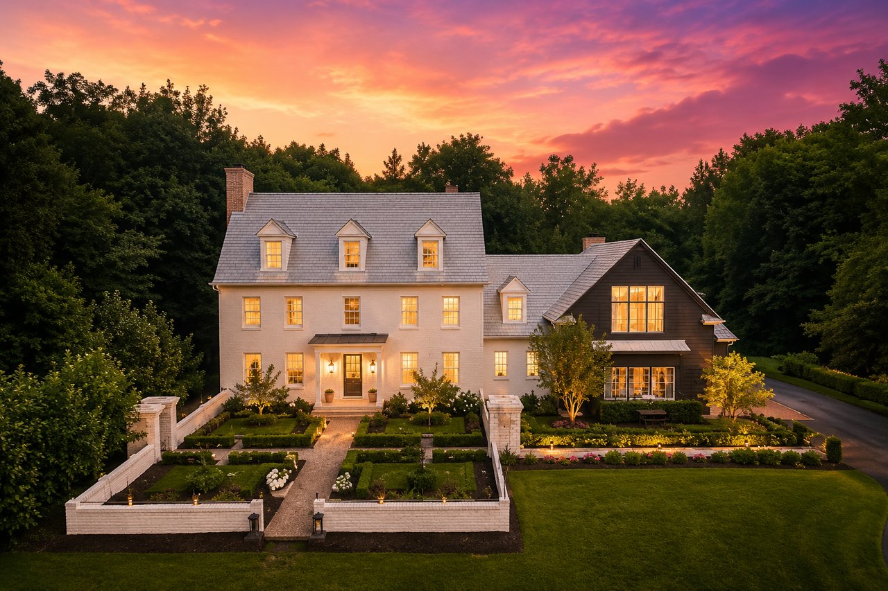 Large white brick home with a dark timber wing and formal gardens at sunset.