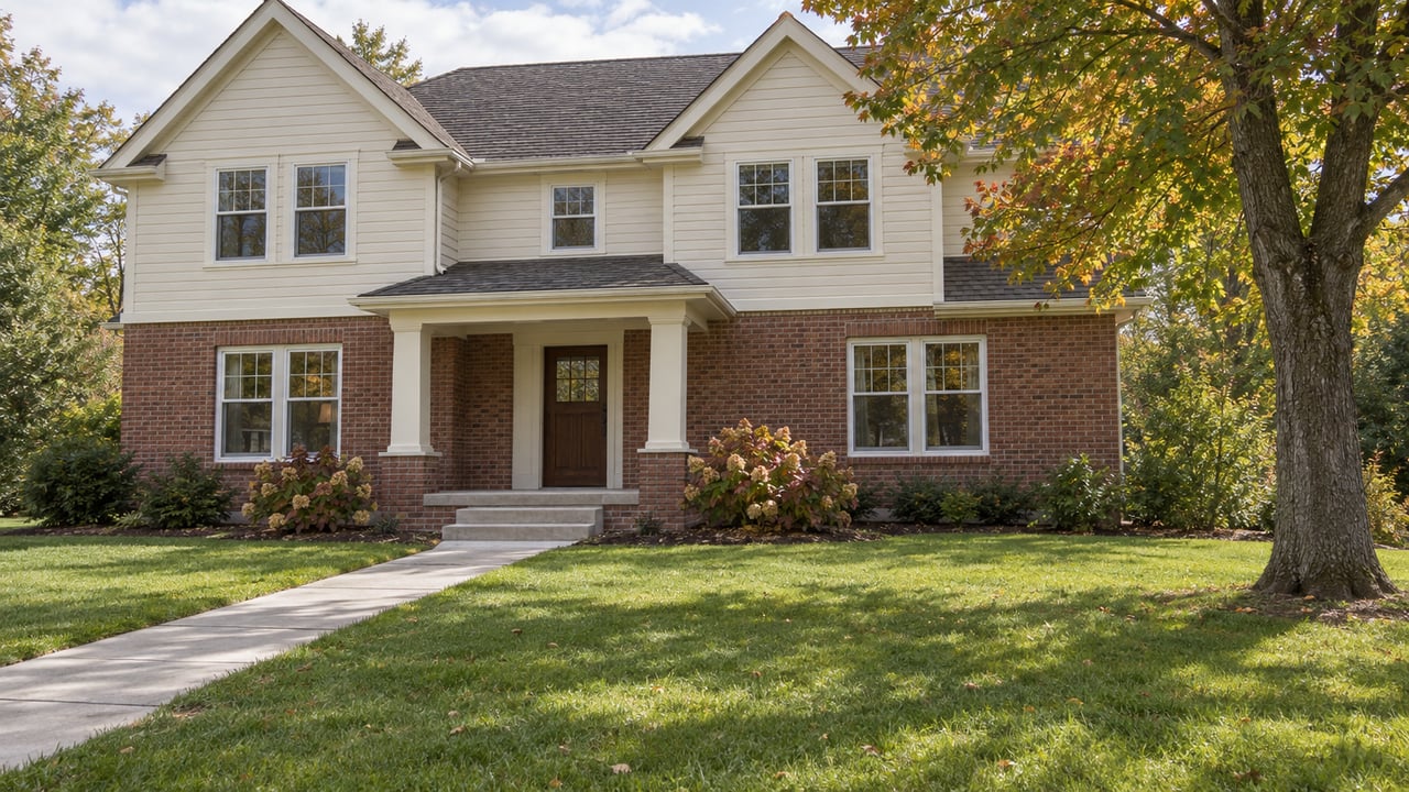 Updated traditional two-story home with ivory siding, red-brown brick, a shallow front porch and a deep lawn beside an early-autumn sugar maple.