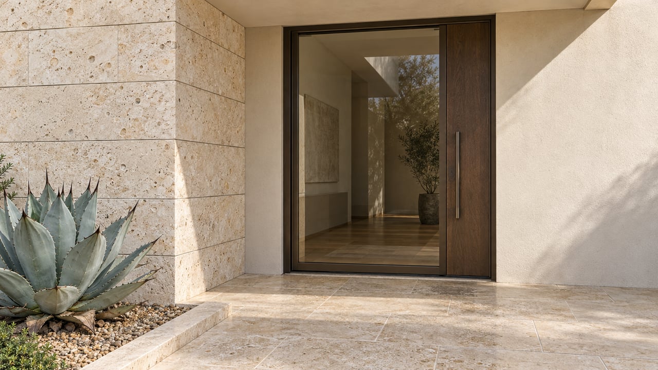 Sunlit limestone and ivory stucco frame a closed bronze-and-oak entrance door beside a blue-gray agave.