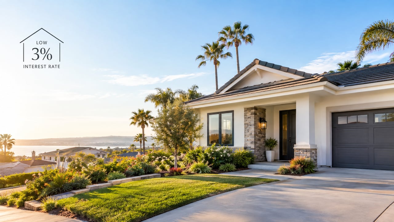 Single-story home with a landscaped front yard, palm trees, and a distant water view.