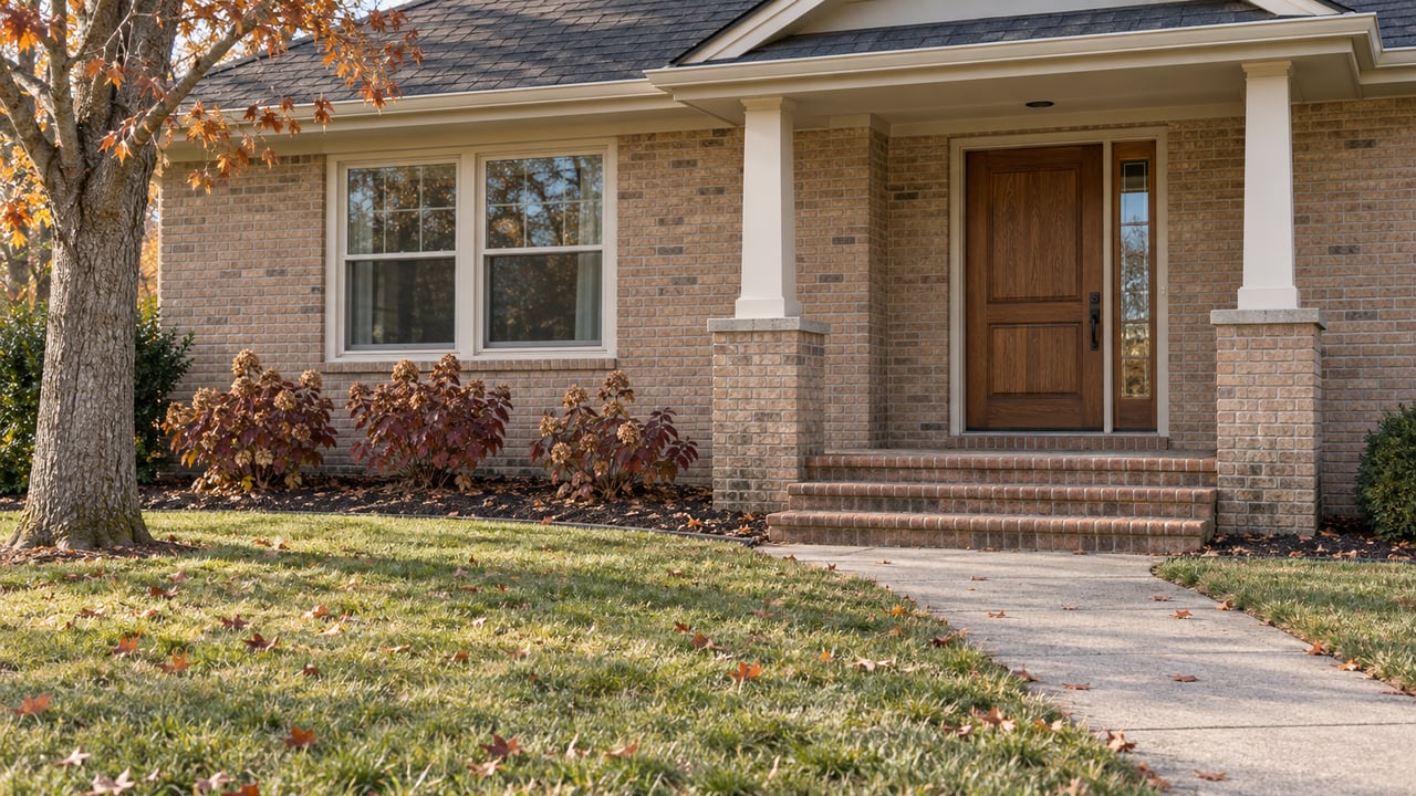 Late-autumn lawn and concrete walk leading to a covered brick porch, oak front door and cream-framed windows.
