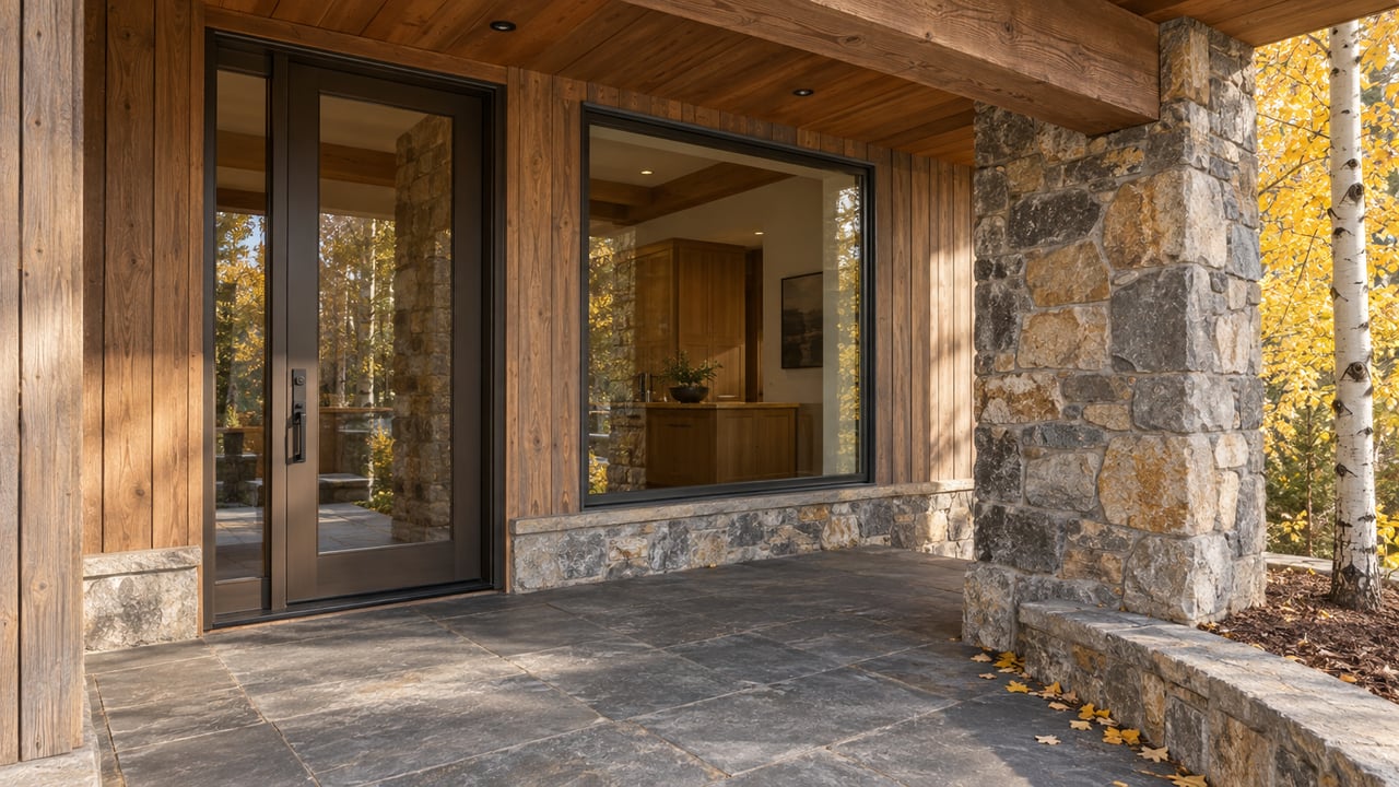 Autumn light on a cedar-and-stone home entry with bronze-framed glazing, a slate landing and a yellow-leaved aspen.