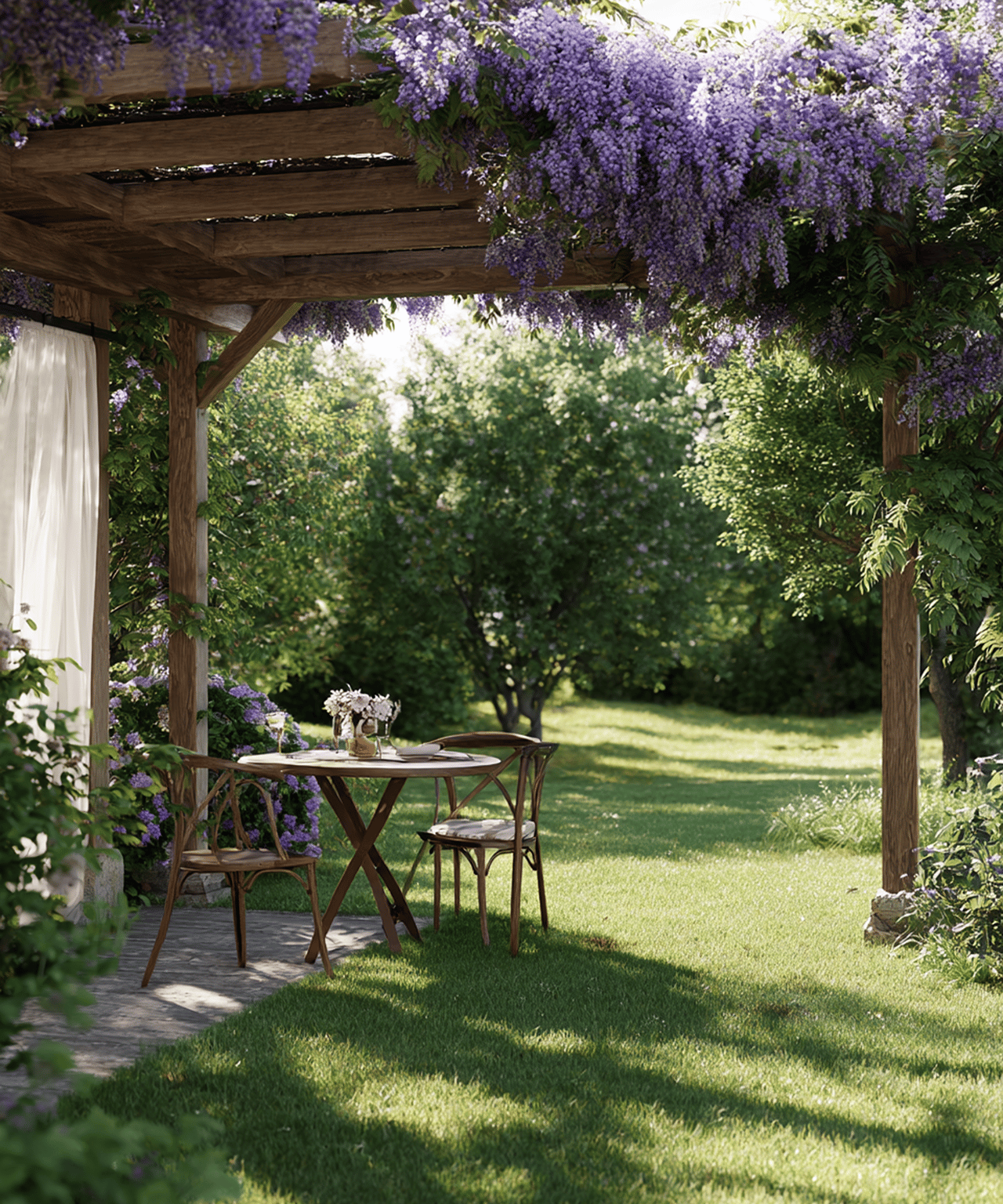 Garden pergola covered in purple wisteria with a small dining set beside a sunny lawn.