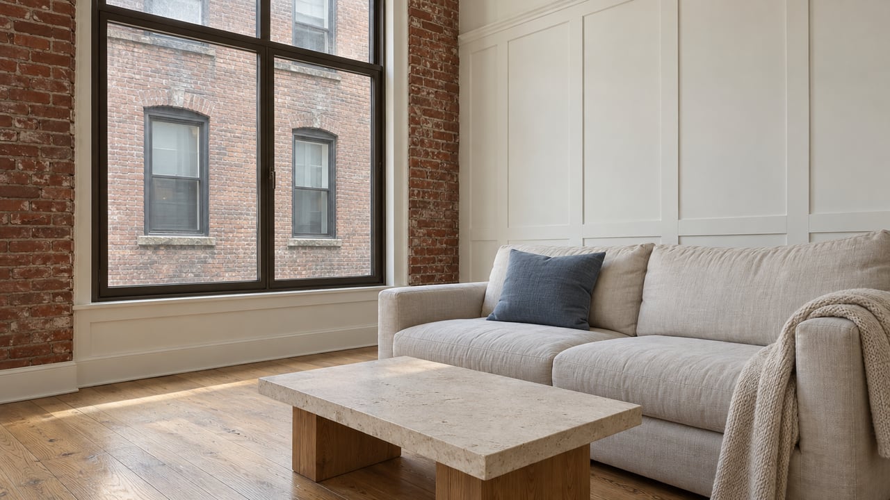 Living room with exposed brick, tall windows, hardwood floors, and a light sofa.