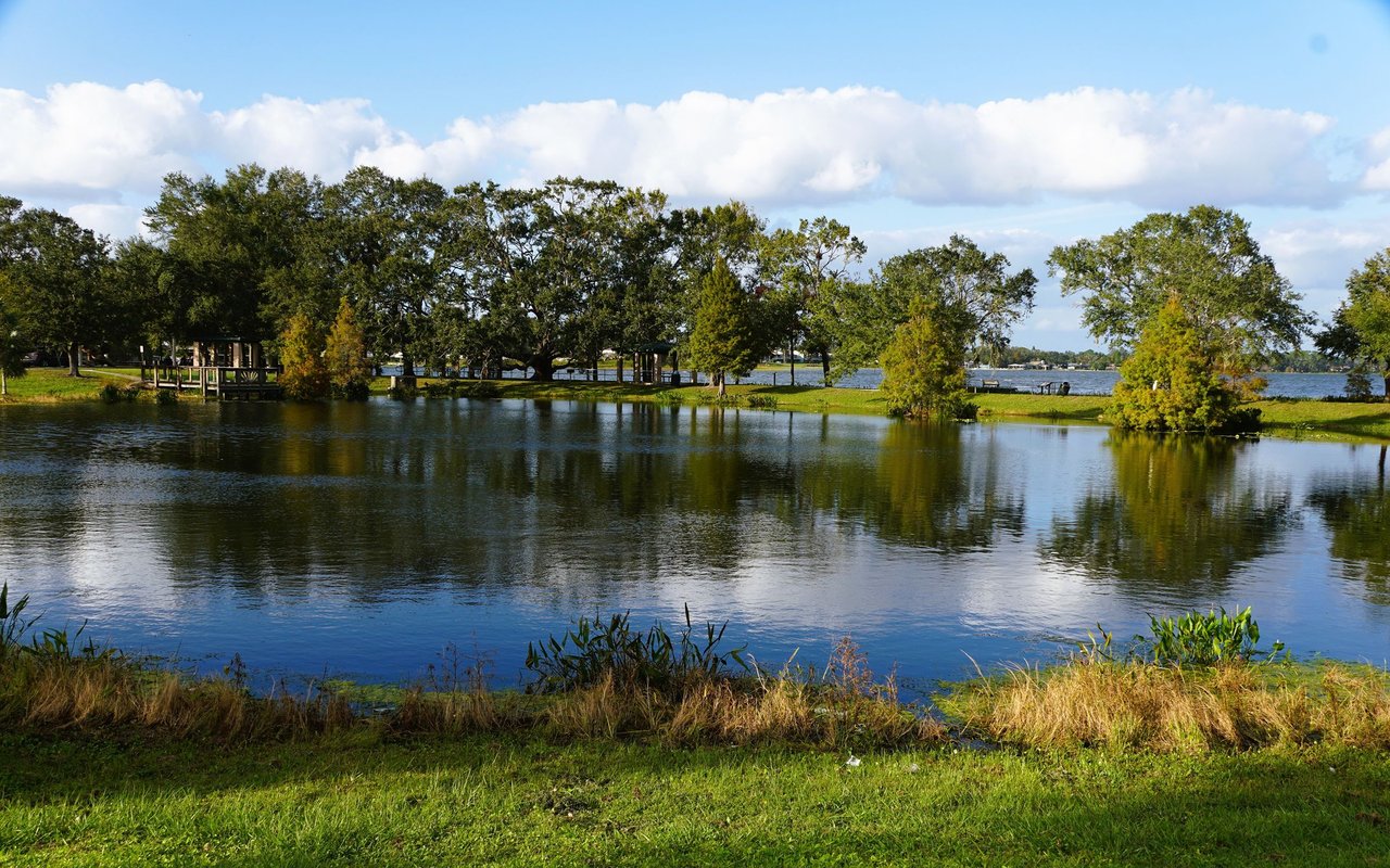 Tree-lined lake with grassy banks, a dock, and reflections beneath a blue sky.