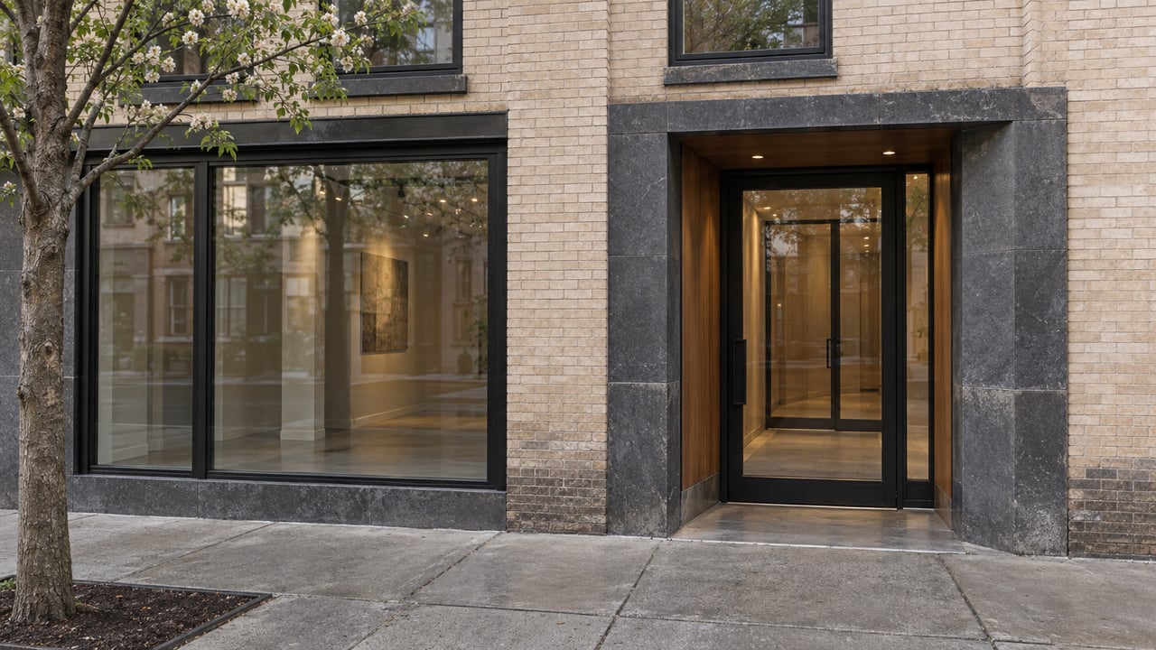 Boutique residential entrance beside a closed glass storefront, set in pale brick with charcoal stone jambs.