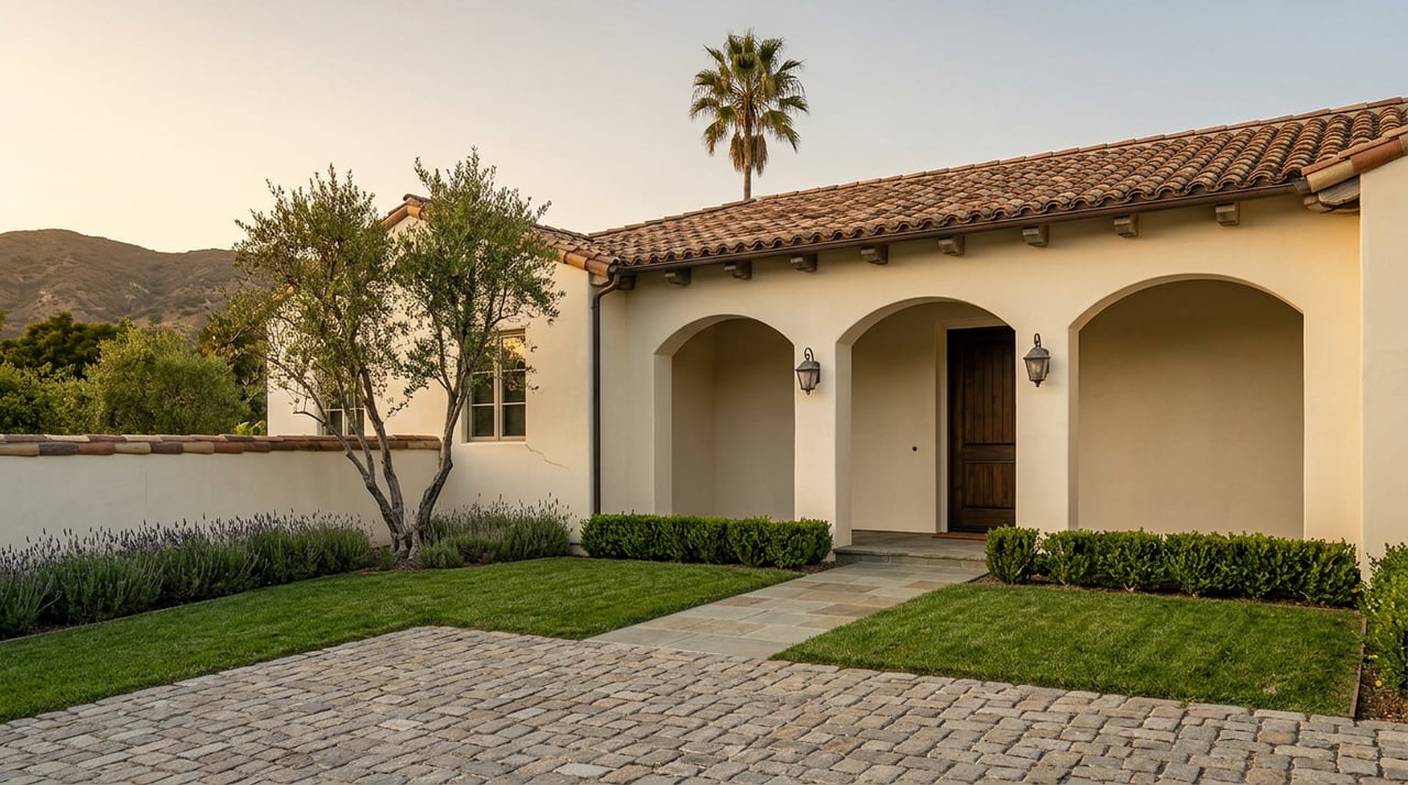 Cream stucco home with a three-bay arched loggia, cobblestone motor court, and olive tree.