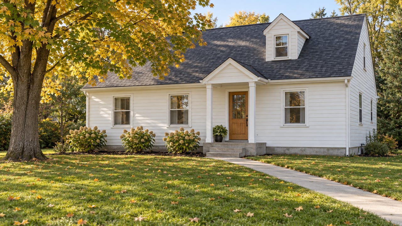 An updated white wood-sided home behind a broad autumn lawn, with a golden maple, concrete approach, and natural oak entry door.