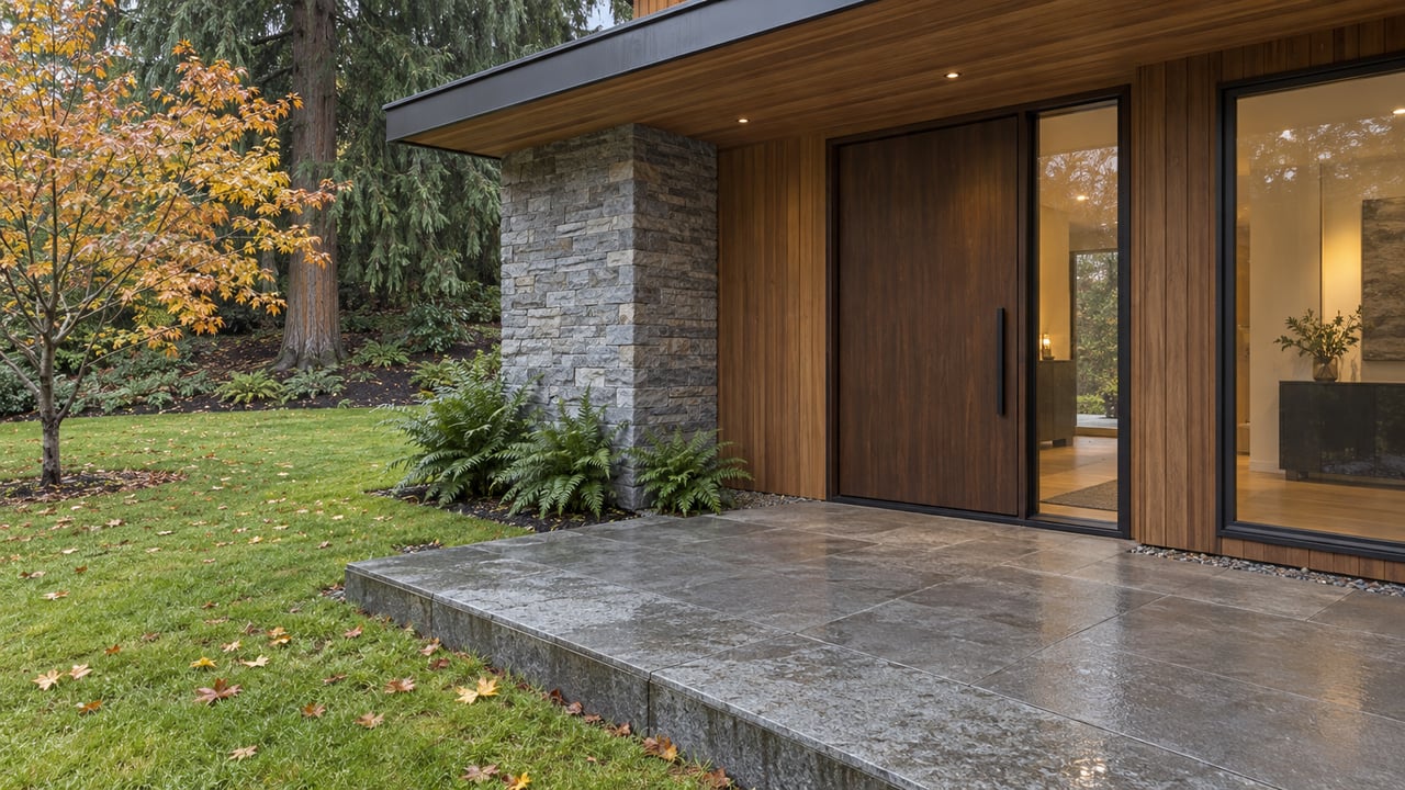 Covered cedar entry with a dark wood door, gray stone landing and autumn vine maple beside a generous lawn.
