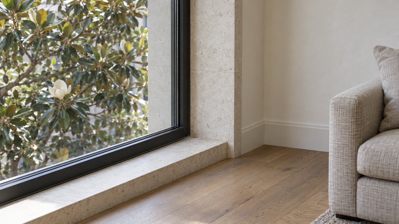 Black-framed condo window beside a pale limestone reveal, with magnolia branches visible outside.