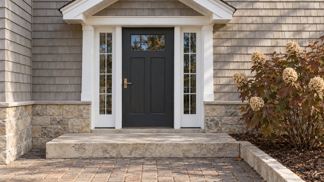A charcoal entry door with paired glazed sidelights beneath a white gabled pediment, surrounded by taupe shingles, limestone and russet oakleaf hydrangea.