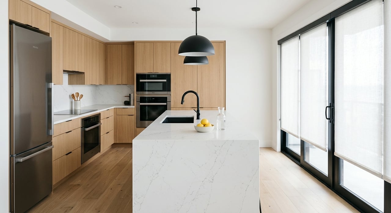 White quartz waterfall island with three lemons, backed by light oak cabinets and black pendant lights.