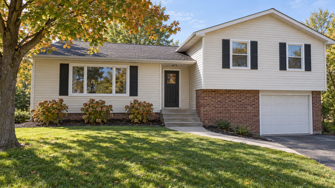 Ivory-sided split-level home with brick garage level, broad lawn, and an amber-leaved maple in afternoon sunlight.