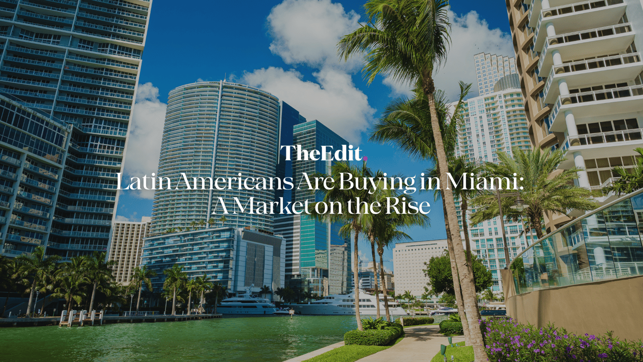 Miami luxury condos and skyline with palm trees along Biscayne Bay waterfront - Latin Americans buying Miami real estate market analysis by The Edit Real Estate