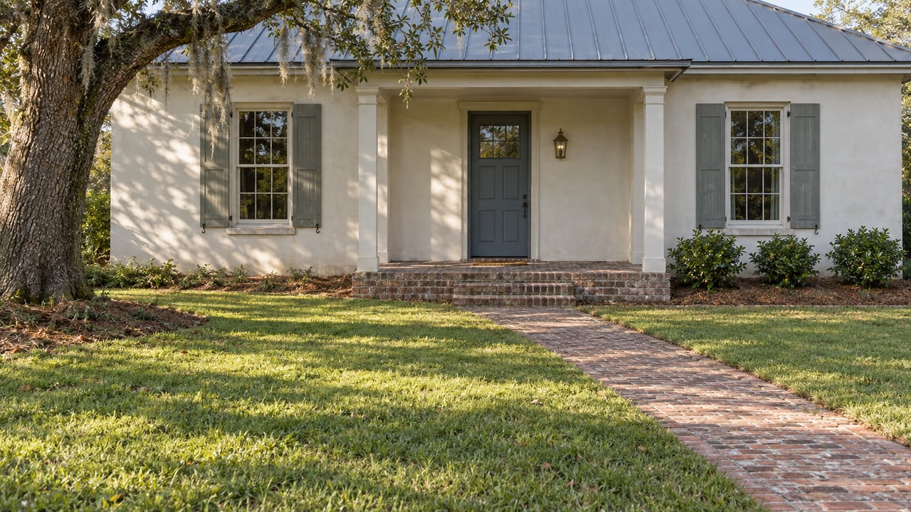An ivory stucco home with a shaded brick porch, tall shuttered windows, and a deep green lawn beneath a spreading live oak.