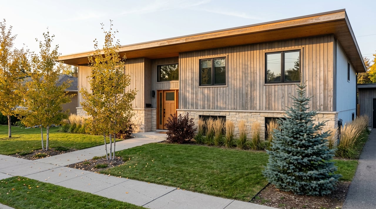 Two-story cedar-sided home with a fieldstone base, golden aspens, and a blue spruce beside the front walkway.