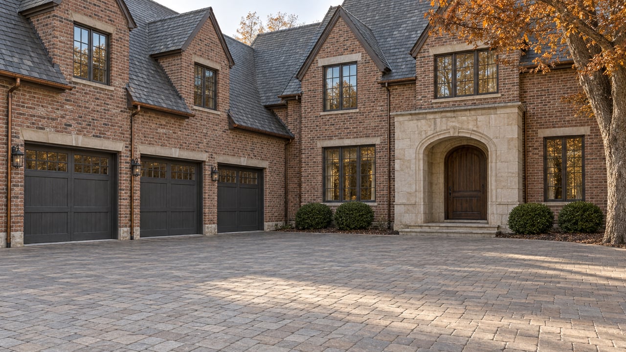 Brick estate home with steep gables, three charcoal garage doors and a broad paver forecourt in warm afternoon light.