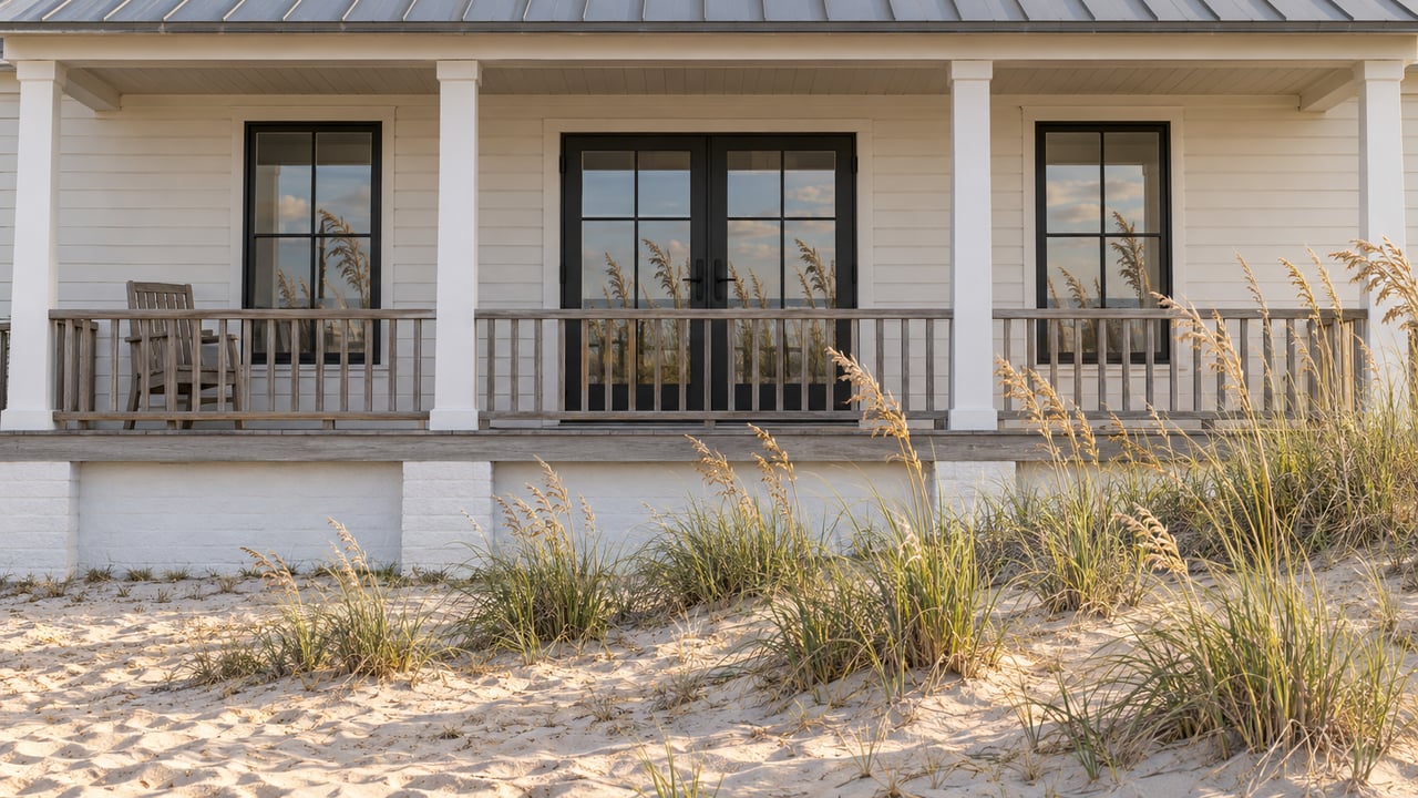 Sea oats rise from rippled sand before an elevated white wood-sided home with a weathered timber porch and black-framed glass doors.