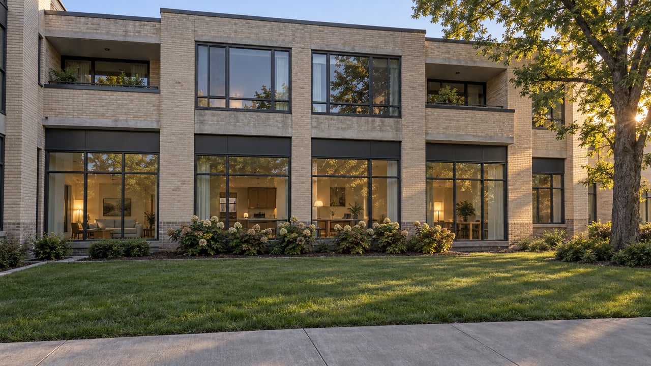 Early-evening light across a lawn courtyard beside a buff-brick residential building with large windows and recessed balconies.