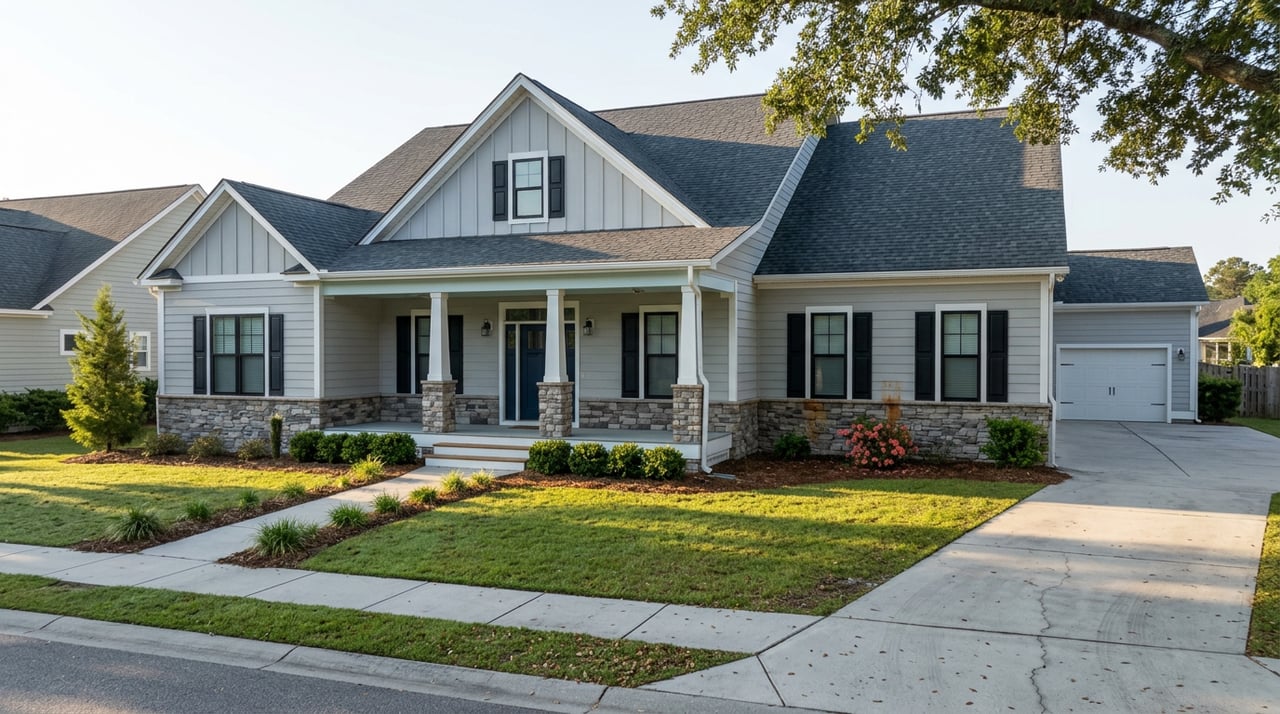 Gray-sided suburban home with a stone-accented gable, covered porch, navy door, and oak canopy.