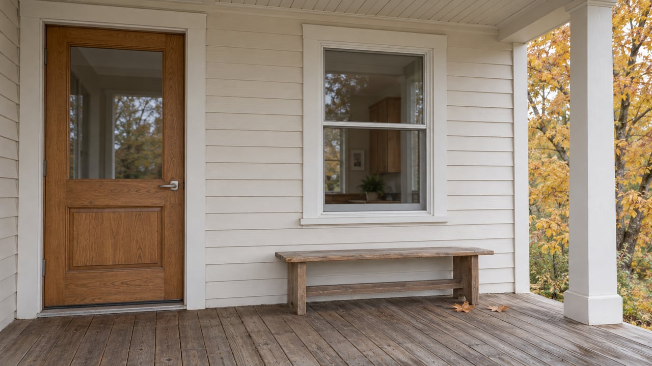Sheltered wood porch with a glazed oak door, off-white siding, a worn oak bench and autumn maple leaves.
