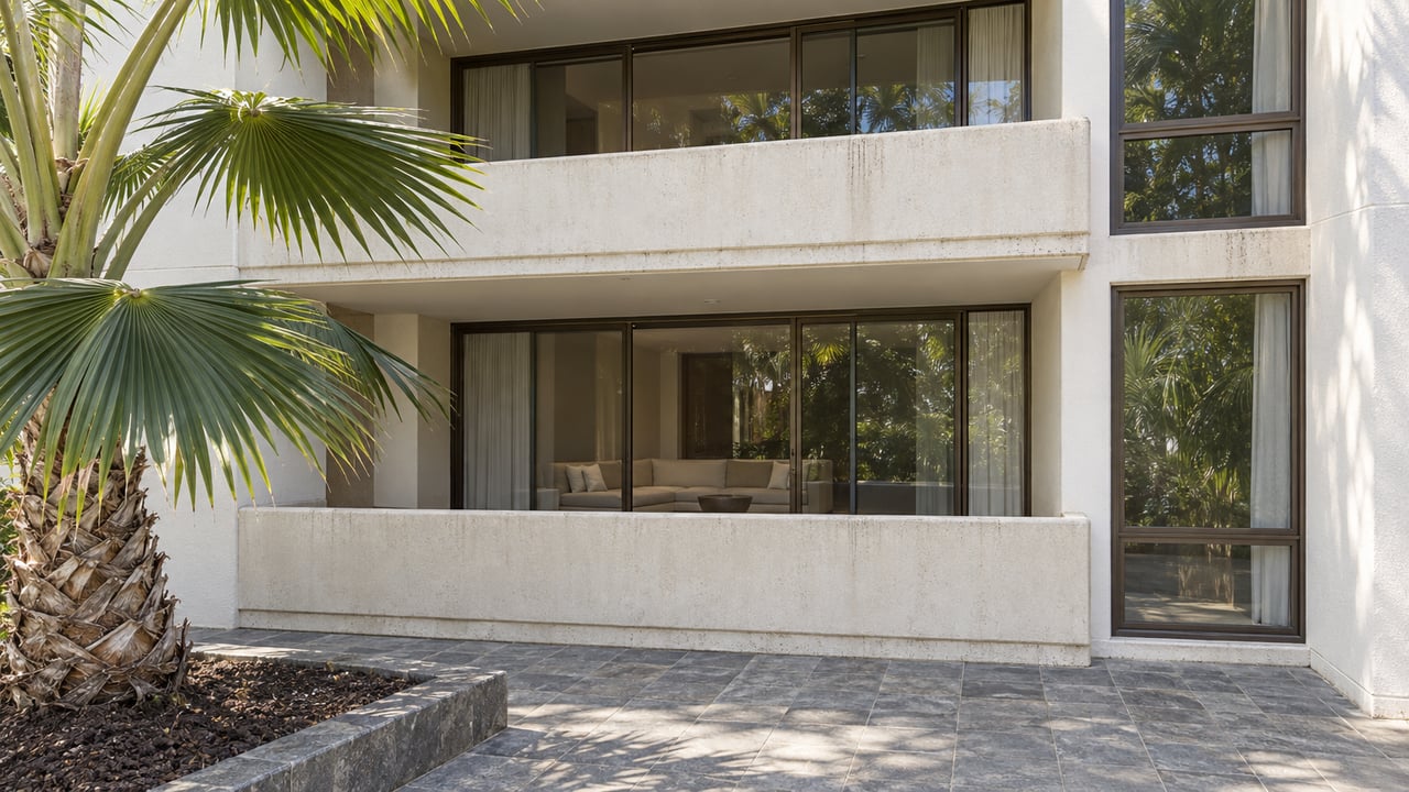 Close architectural view of stacked concrete condo lanais, bronze-framed glass, basalt paving, and a single fan palm.