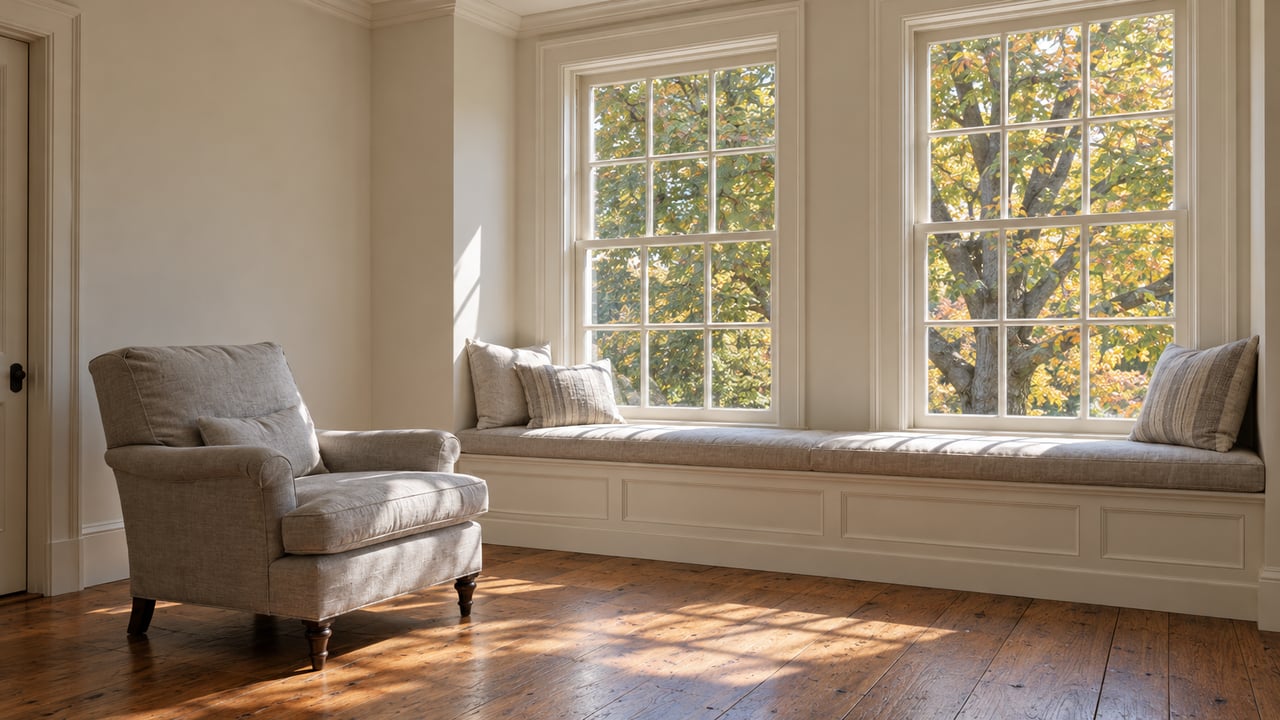 Restored sitting room with two tall divided-light windows, a linen-cushioned window seat, a pale upholstered chair and gently worn oak floors.