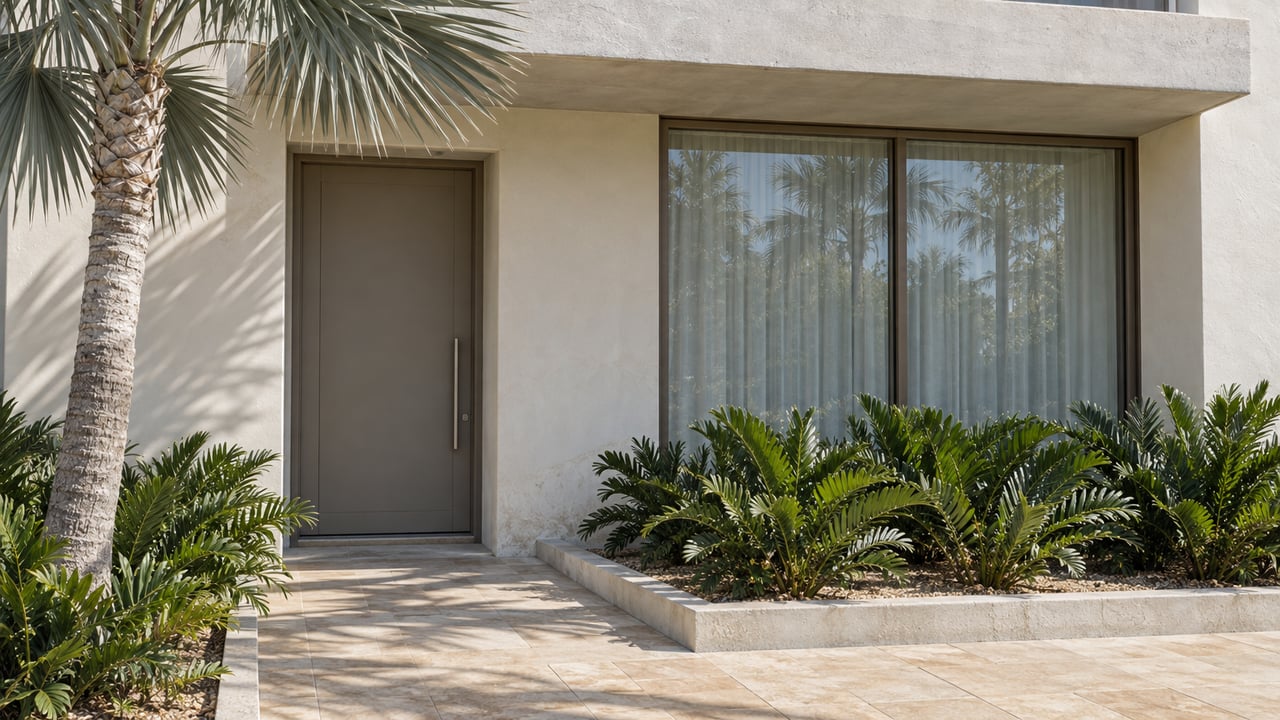 Condominium entry beside a bronze-framed window, with limestone pavers, fan palm, and glossy cycads.