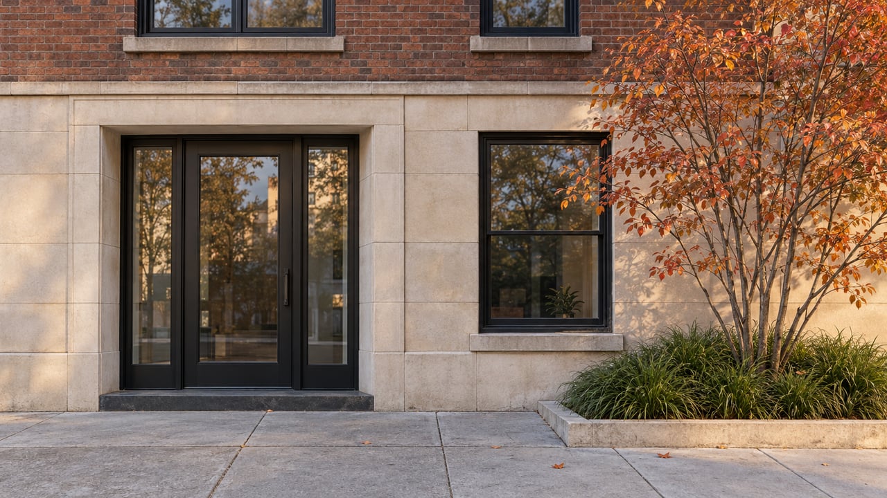Brick-and-limestone residential entrance with a recessed glass door, autumn tree, and planted sidewalk bed.