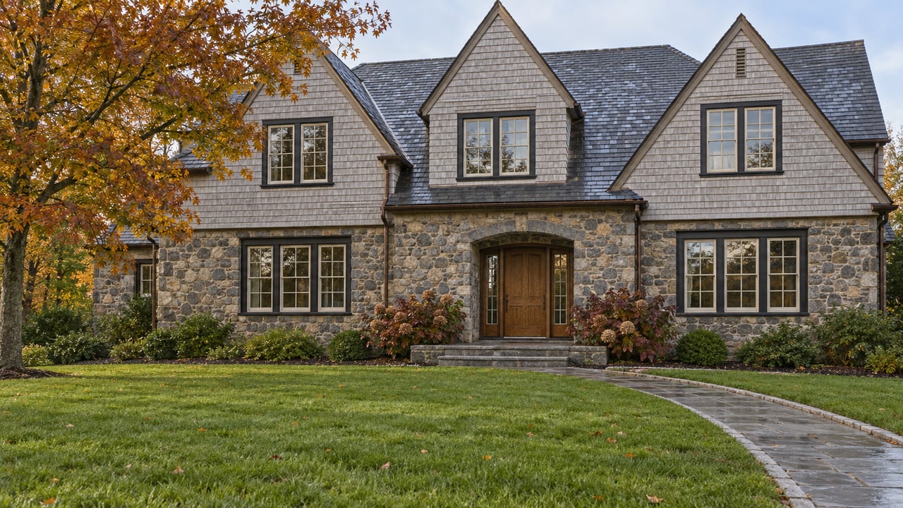 Stone-and-shingle house behind a broad autumn lawn, with a curved bluestone approach and a mature maple.