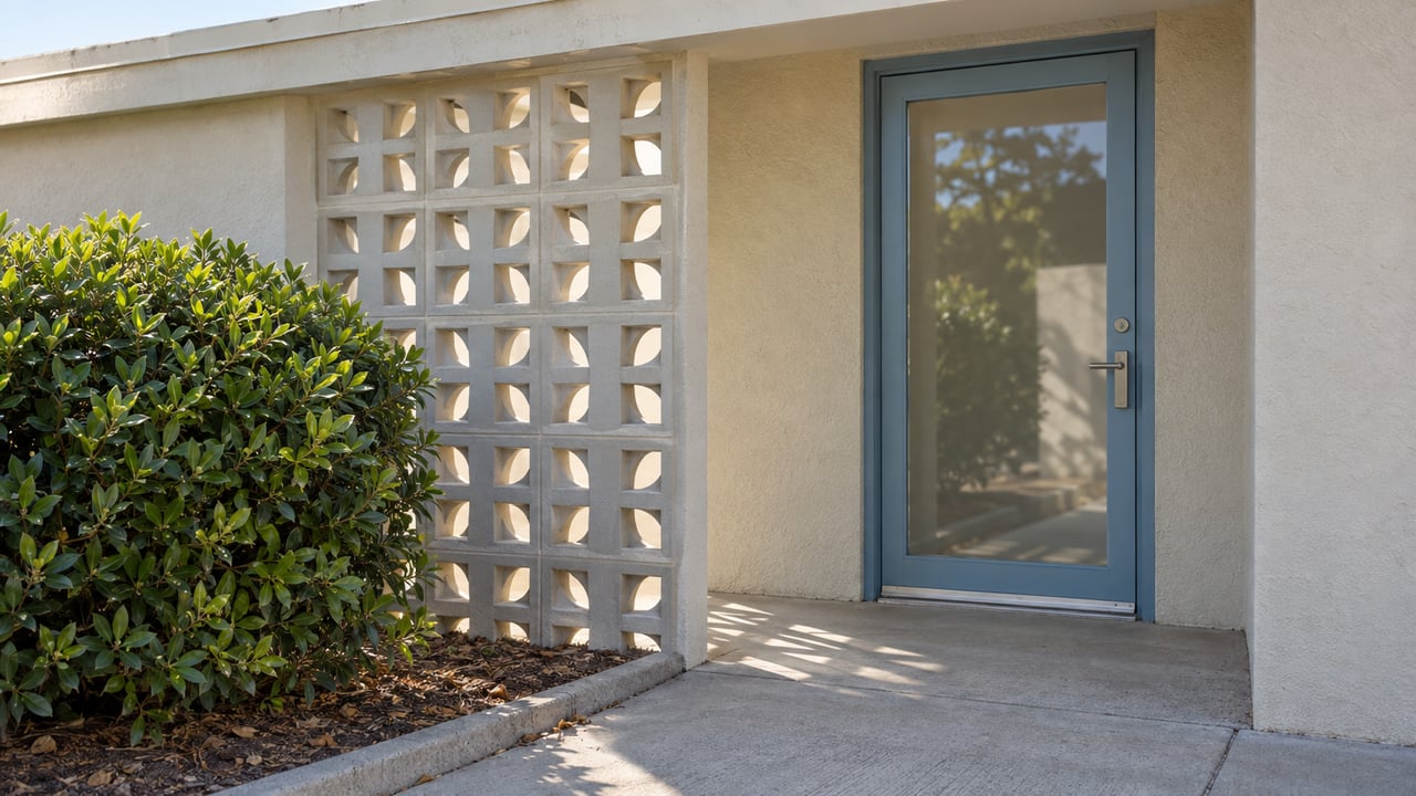 Cream stucco entry with a blue-framed glass door, breeze-block screen, and clipped shrub beside a concrete walkway.