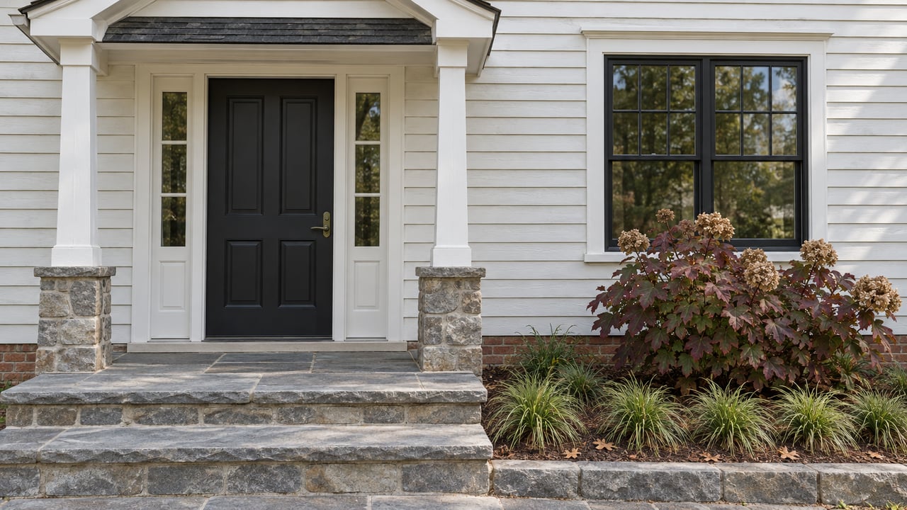 White clapboard home entry with a black door, paired sidelights, stone steps and autumn oakleaf hydrangea.