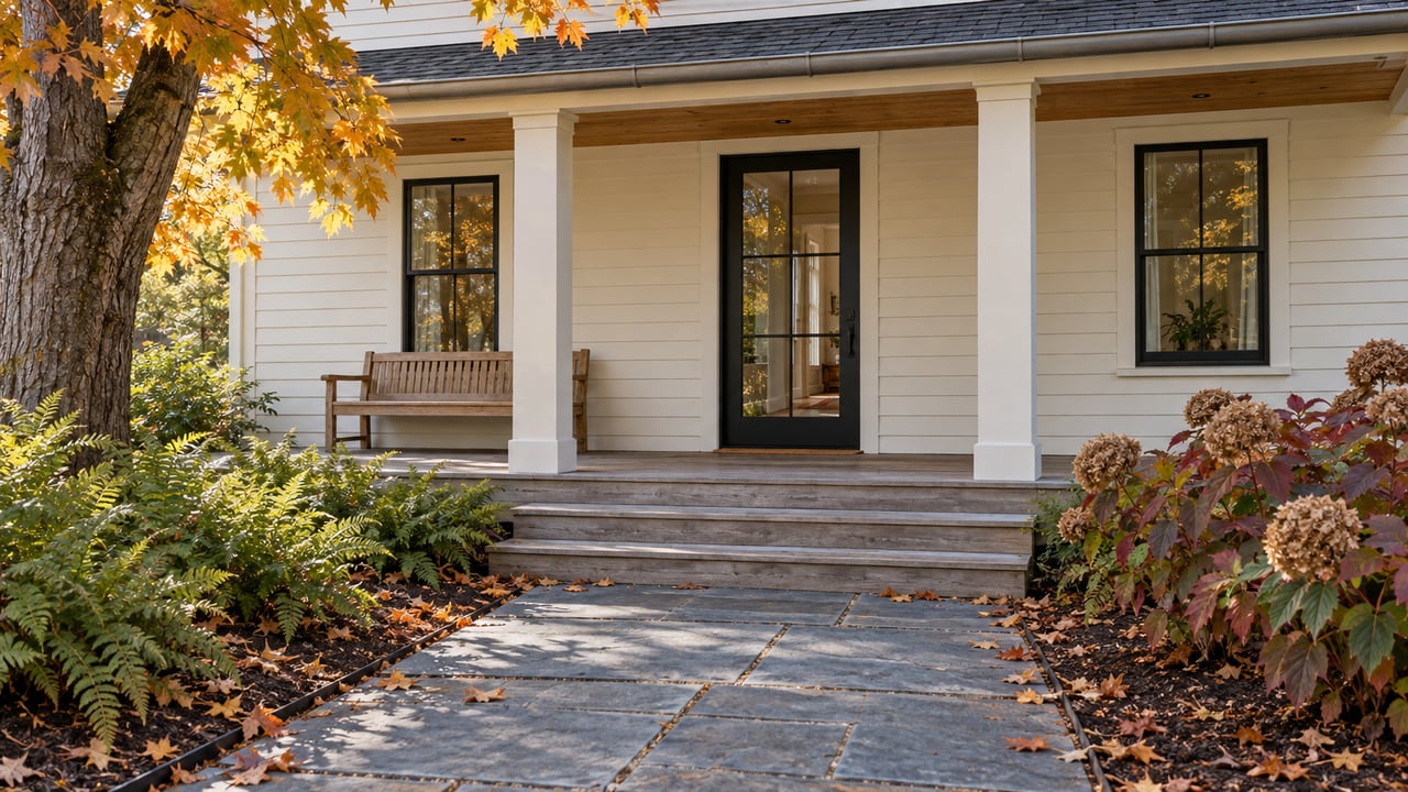 A renovated clapboard cottage with a timber-ceilinged porch, bluestone approach and autumn planting.