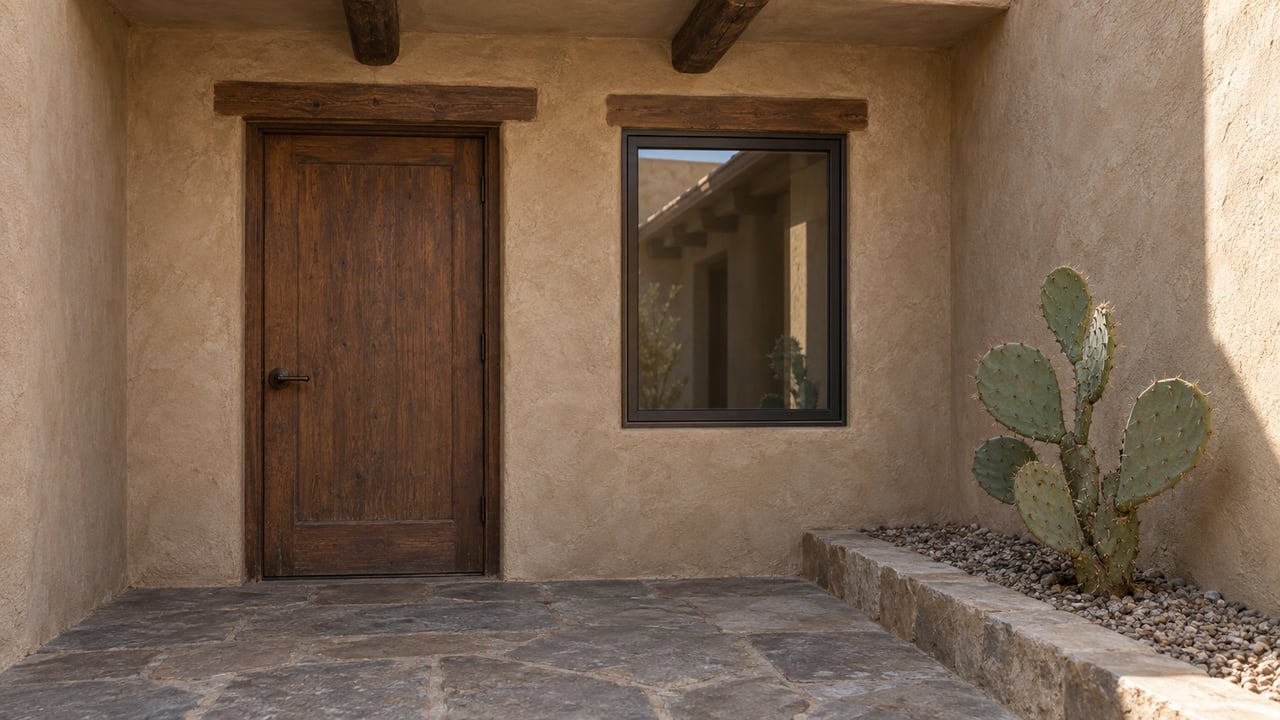 Recessed walnut entry door beside a dark-framed window, sand-colored plaster, and a single prickly pear.