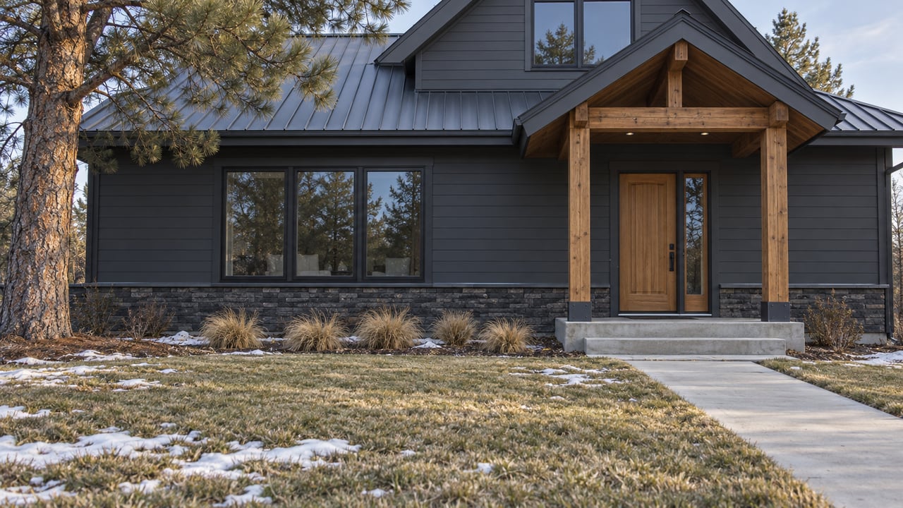Charcoal gabled home with basalt foundation, timber-covered entry and a broad winter lawn beneath a mature pine.