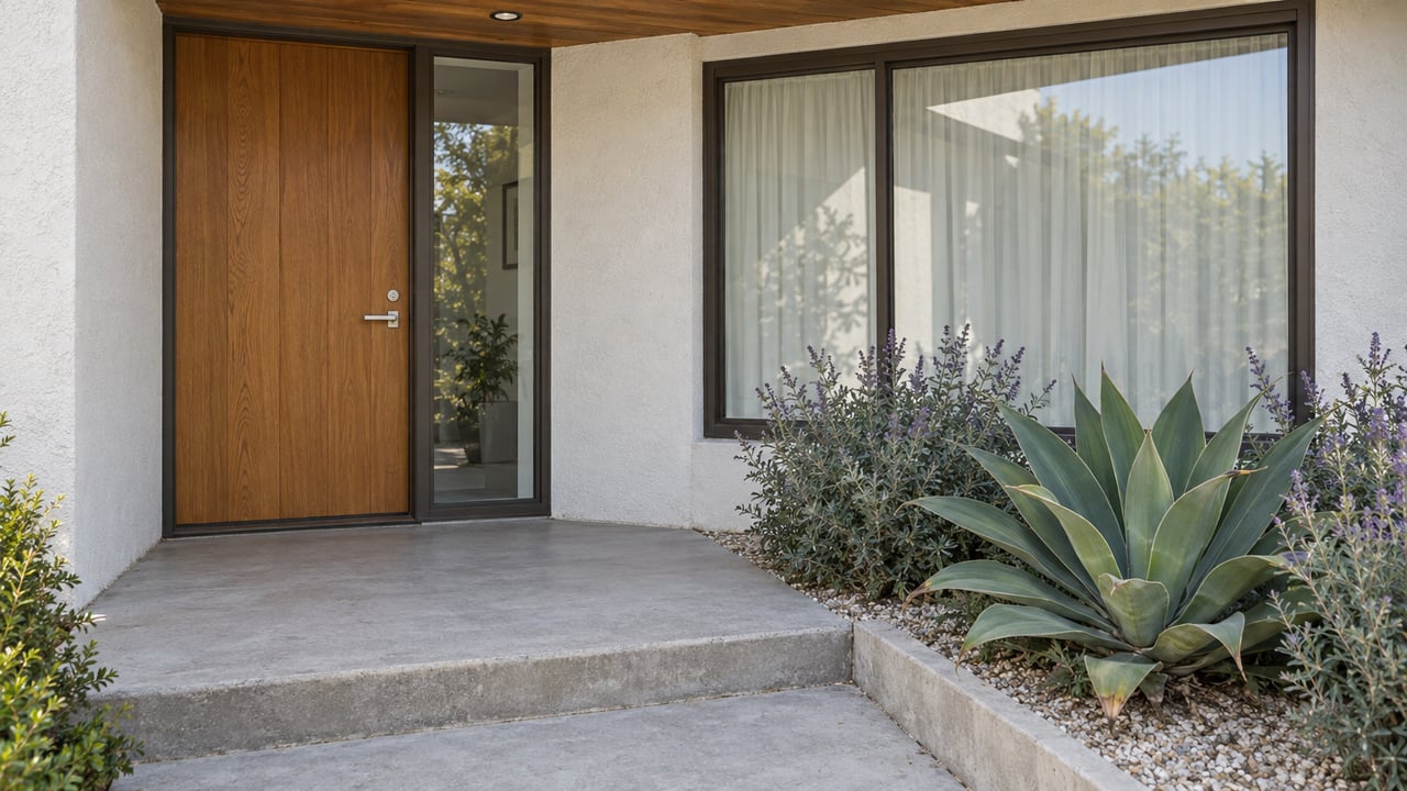 Warm-white stucco home entrance with an oak door, cedar soffit, gray concrete steps and sculptural drought-tolerant planting.