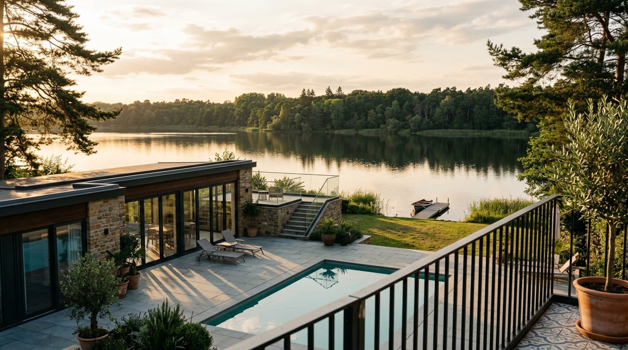 Infinity pool and travertine terrace overlooking a still lake, with teak loungers and palms.