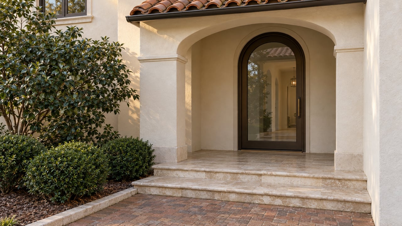 Arched bronze-glazed entry beneath a terracotta-tiled portico, with warm stucco, limestone steps and glossy camellia foliage.