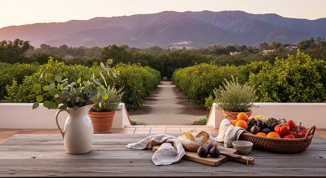 Bread, figs, and fruit sit on a patio table overlooking orchard rows and distant mountains.