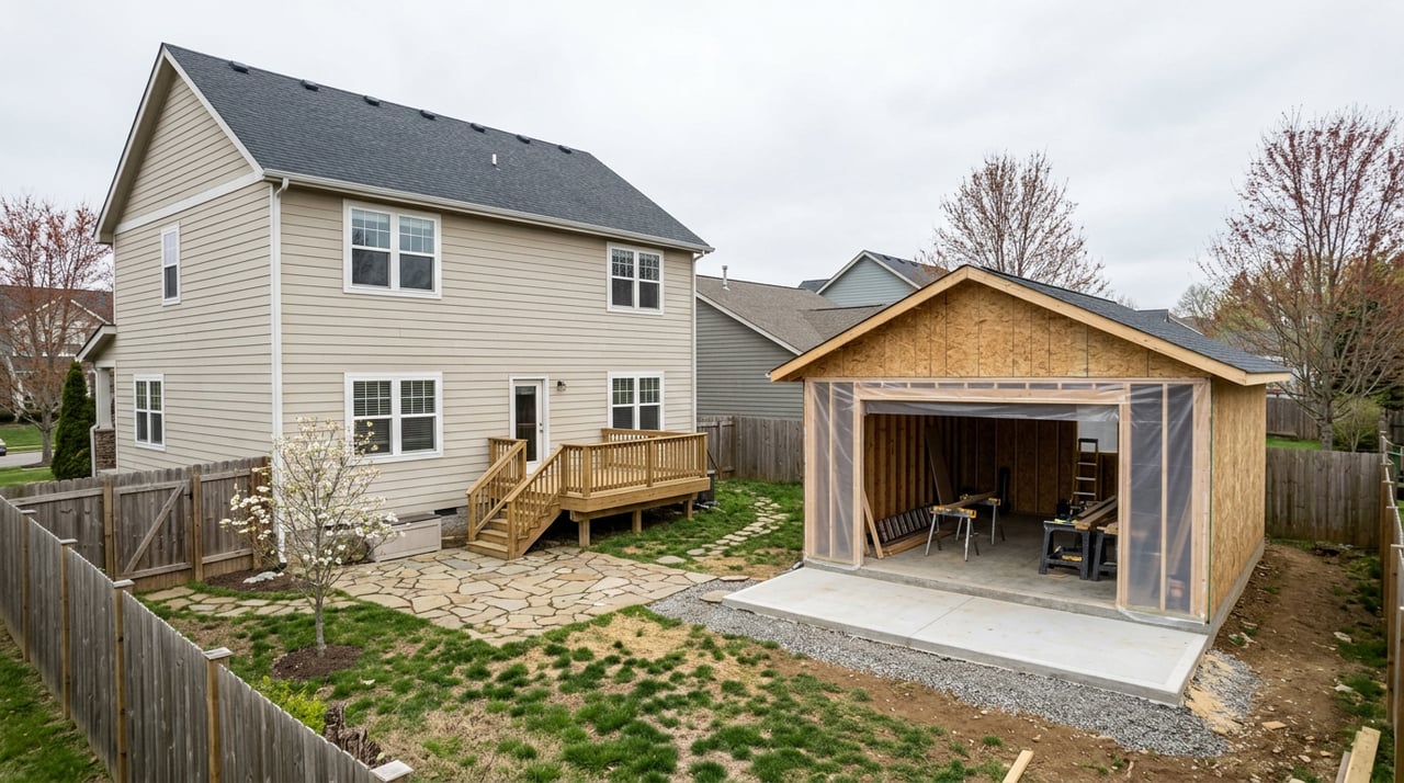 Beige house and backyard with a wood-framed outbuilding, its wide opening covered in clear sheeting.