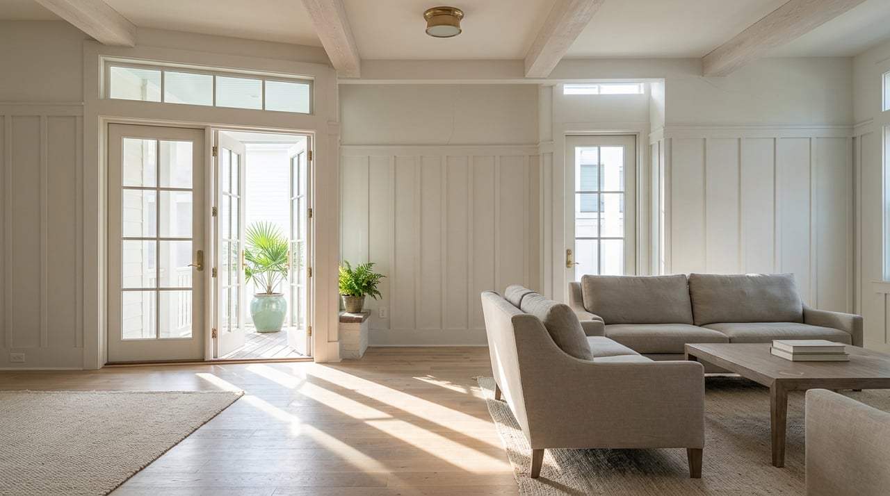 Great room with open French doors, sunbeams across oak floors, sofa, and whitewashed beams.