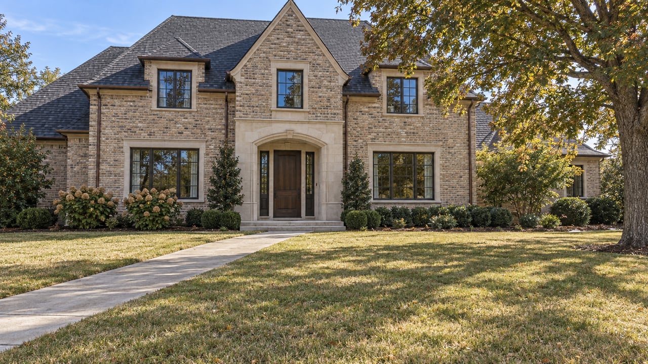 A spacious lawn and diagonal concrete walk lead to a buff-brick home with limestone entry details, bronze-framed windows, and a mature oak.