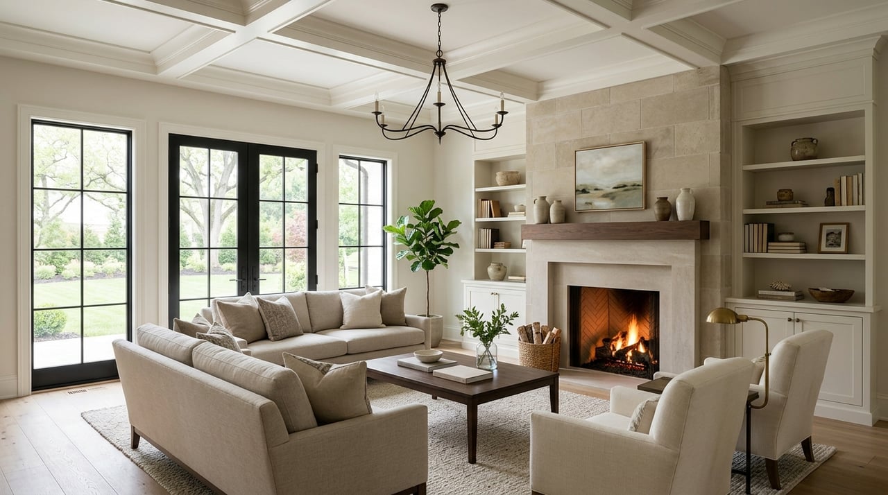 Living room with a limestone fireplace, off-white sofa, charcoal chairs, black-framed windows, and a potted fiddle-leaf fig.