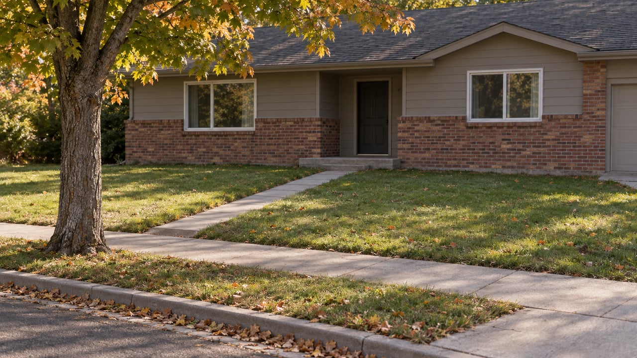 Modest brick-and-siding house set behind a lawn, with a mature tree showing green and amber leaves.