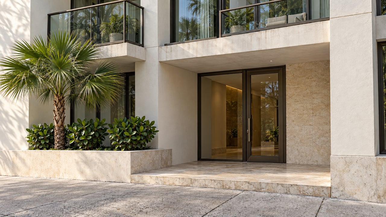 Condominium entrance with a glass lobby door, limestone landing, and a raised planter with palm and compact shrubs.