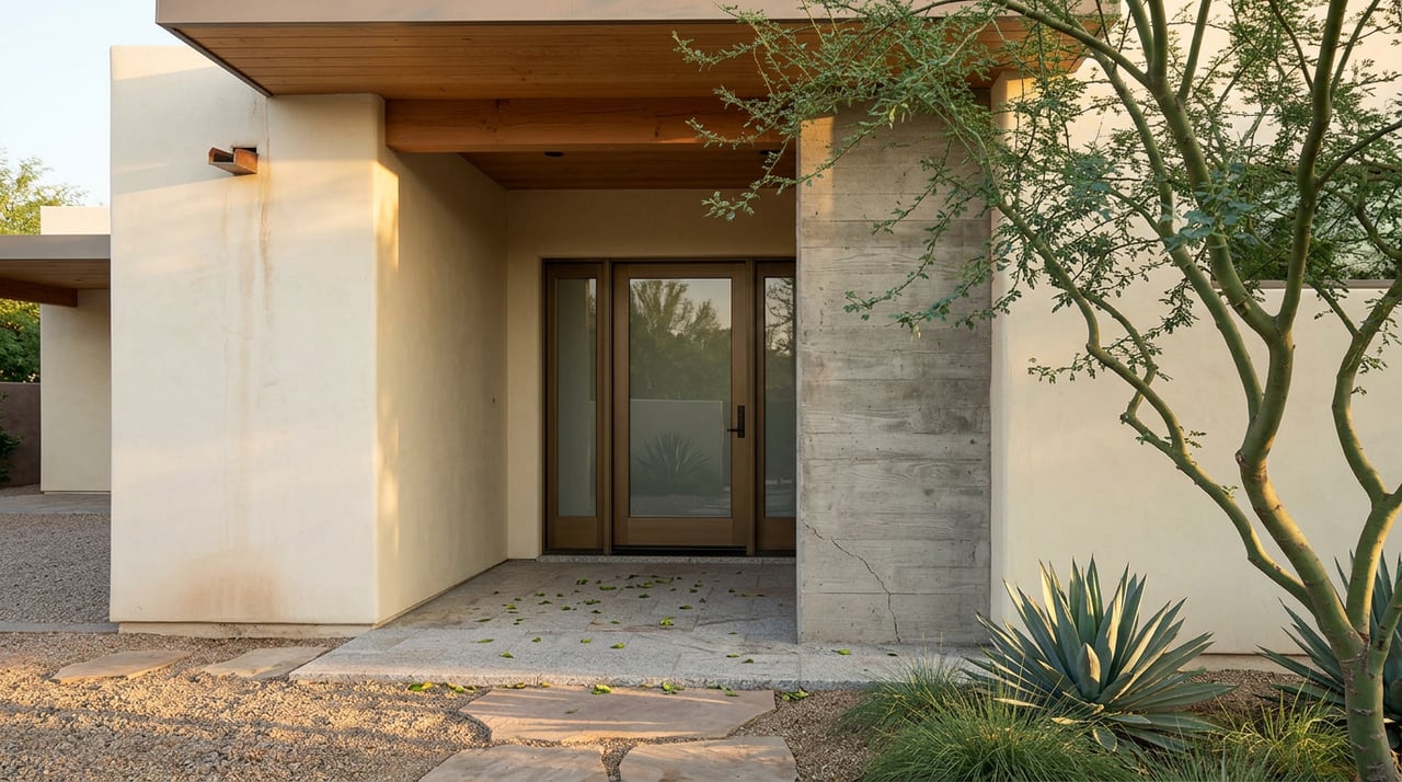 Recessed entry with a bronze-framed glass door, ivory stucco, board-formed concrete pilaster, and agave by the paver threshold.