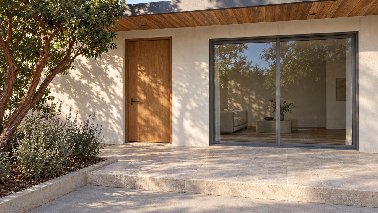 Sunlight crosses a limestone entry terrace beside a closed oak door, broad framed glazing and a sculptural strawberry tree.