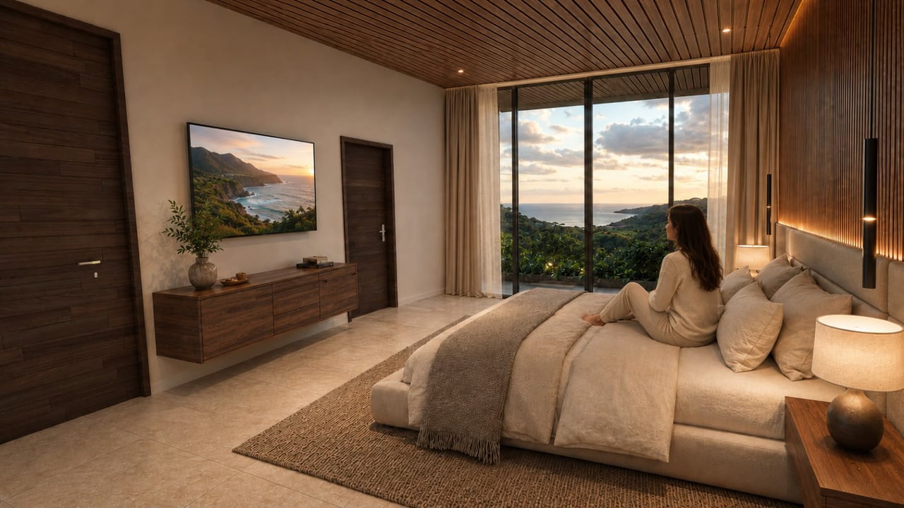 Rendered bedroom with a woman seated on the bed overlooking hills and ocean at sunset.